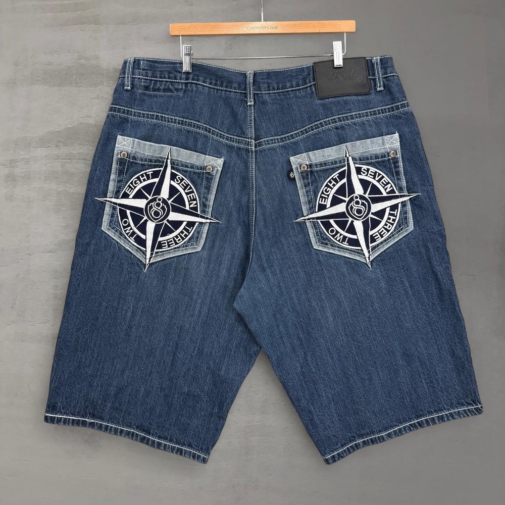 Y2K Eight 732 Denim Shorts Blue Global Expedition‎ Embroidered Baggy Size 44